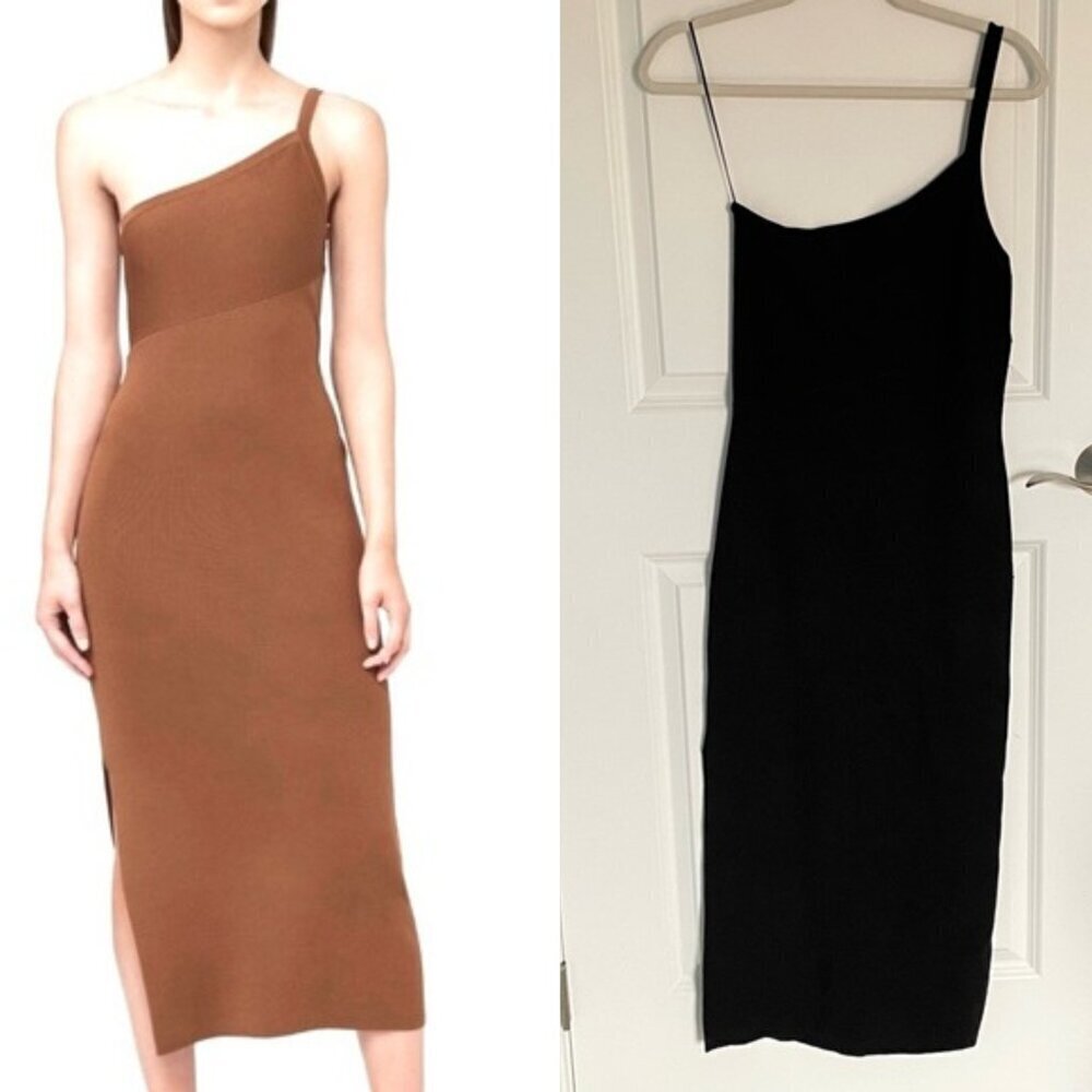 House of Harlow 1960 Black Rib Knit Slit One Shoulder Midi Dress 35065